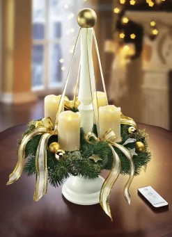 Gestecke & Kränze>Adventskranz mit LED-Echtwachskerzen und Holzständer CREME
