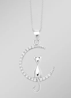 Damen-Zirkoniaschmuck>Anhänger Katze im Mond aus Silber