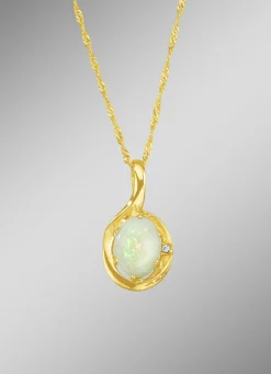 Damen-Edelsteinschmuck>Anhänger mit Singapurkette, echt Opal und synth. Zirkonia