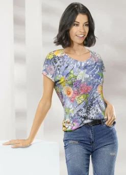 KLAUS MODELLE MADE IN GERMANY Shirts>Attraktives Shirt mit überschnittener Schulterpartie JEANSBLAU-BUNT