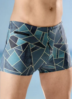 Bade- & Strandmode|Bademode>Badehose in höherer Kastenform mit Reißverschlusstasche DUNKELGRÜN-BUNT