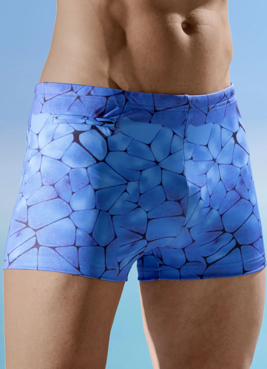 Bade- & Strandmode|Bademode>Badehose in höherer Kastenform mit Reißverschlusstasche BLAU-SCHWARZ