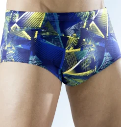 Bade- & Strandmode|Bademode>Badehose in höherer Slipform mit buntem Druckdessin MARINE-GELB-BUNT