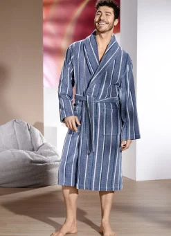 Sport- & Freizeitmode|Bademode>Bademantel mit Streifen-Dessin JEANSBLAU MELIERT-PETROL-ECRU