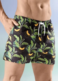 Bade- & Strandmode|Bademode>Badeshorts, allover dessiniert, Microfaser SCHWARZ-GRÜN-BUNT