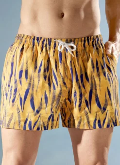 Bade- & Strandmode|Bademode>Badeshorts mit buntem Druckdessin, Microfaser COGNAC-ROYALBLAU