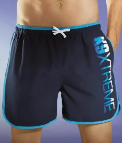 Bade- & Strandmode|Bademode>Badeshorts mit Paspelierungen und seitlichem Druck, Microfaser MARINE