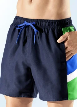 Bade- & Strandmode|Bademode>Badeshorts mit seitlichen Einsätzen, Microfaser NACHTBLAU-BUNT