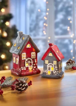 Weihnachtliche Dekorationen>Beleuchtete Häuschen im 2er-Set GRAU-ROT