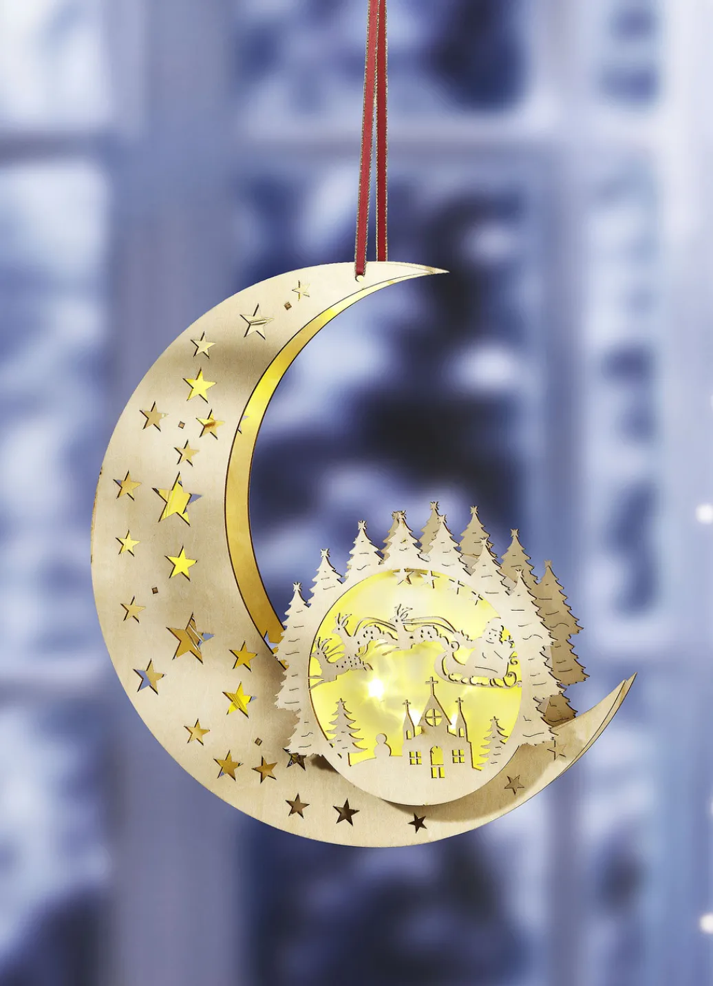 Fensterdekorationen>Beleuchteter Mond aus Holz NATUR