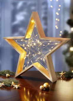 Weihnachtliche Dekorationen>Beleuchteter Stern aus Holz NATUR