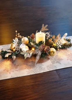 Gestecke & Kränze>Beleuchteter Tischaufleger mit Timerfunktion WEISS-GOLD-GRÜN