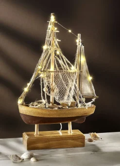 Dekoration>Beleuchtetes Fischerboot aus Holz BRAUN