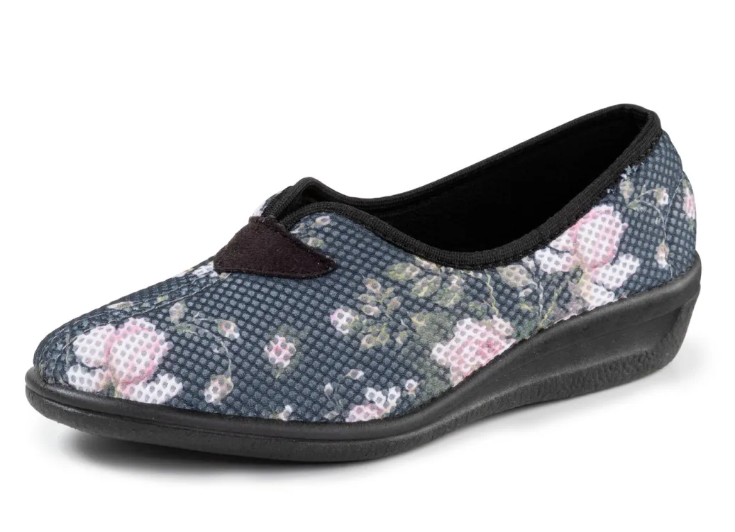 Damenschuhe|Schuhe>Bequeme Damen-Hausschuhe, Weite H, aus floral bedrucktem Meshmaterial GRAU-BUNT