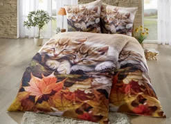 Heimtextilien>Bettwäsche-Garnitur mit Kätzchen im Herbstlaub-Motiv MULTICOLOR