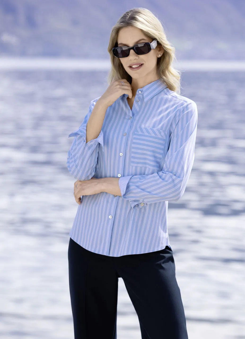 B/ANCA Blusen & Tuniken>Bluse im Streifen-Dessin HELLBLAU-WEISS