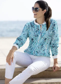 Blusen & Tuniken>Blusenjacke mit Rippenstrick TÜRKIS-WEISS-AQUA-BUNT