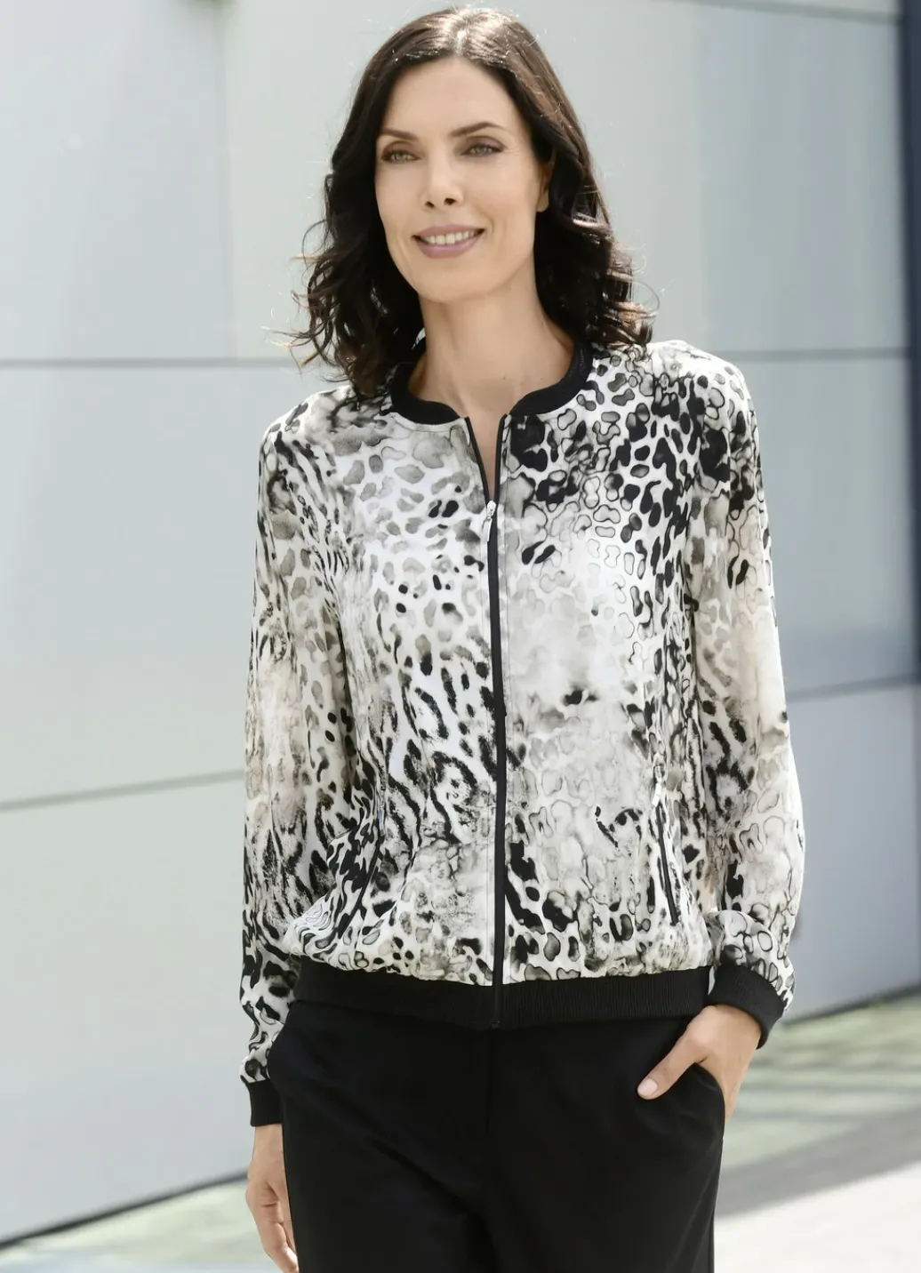 Blusen & Tuniken>Blusenjacke mit schwarzem Rippenstrick TAUPE-SCHWARZ-BUNT