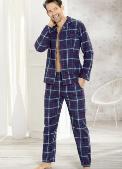 COMTE Herrenwäsche|Nachtwäsche>Schlafanzug, durchgeknöpft, aus weichem Webflanell MARINE-ROT-GRAU