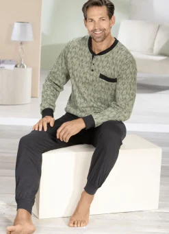 COMTE Herrenwäsche|Nachtwäsche>Schlafanzug mit Knopfleiste und Bündchen OLIV-SCHWARZ