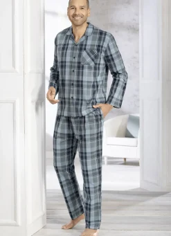 COMTE Herrenwäsche|Nachtwäsche>-Schlafanzug mit durchgeknöpftem Oberteil MINT-MARINE-BUNT