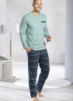 COMTE Herrenwäsche|Nachtwäsche>-Schlafanzug mit V-Ausschnitt und offenen Abschlüssen MINT-MARINE-BUNT