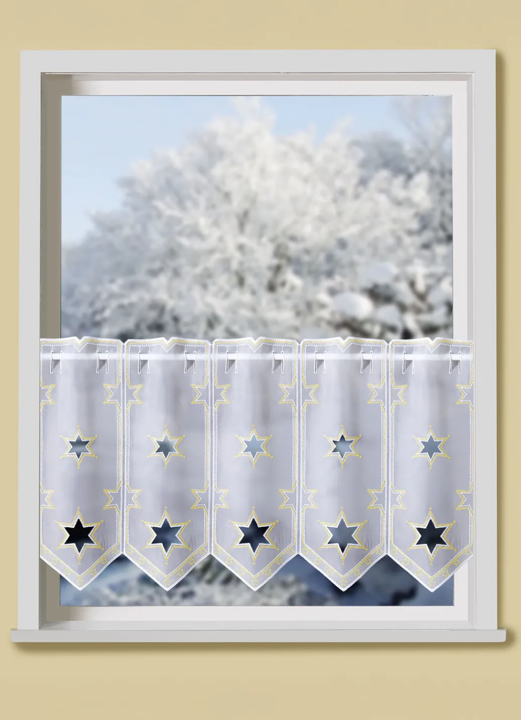 PLAUENER STICKEREI Fensterdekorationen|Heimtextilien>Edler Kurzstore mit WEISS-GOLD