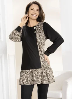 Blusen & Tuniken>Extravagante Tunika mit Zierknöpfen SCHWARZ-BEIGE-BRAUN