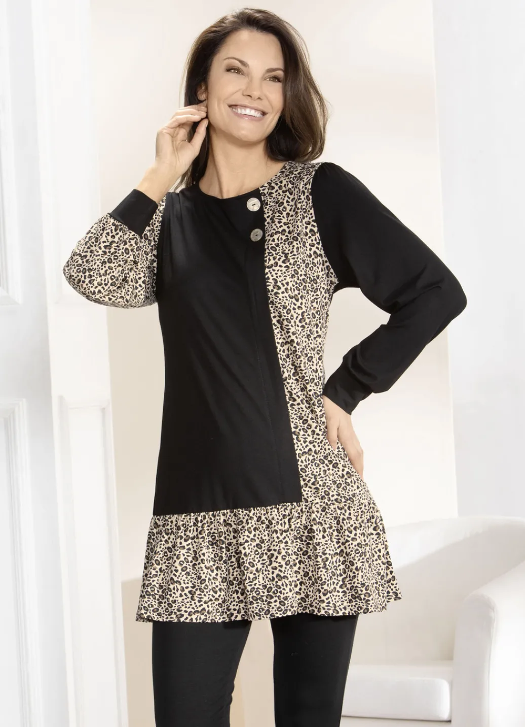 Blusen & Tuniken>Extravagante Tunika mit Zierknöpfen SCHWARZ-BEIGE-BRAUN