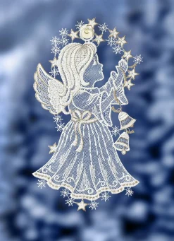 PLAUENER SPITZE Fensterdekorationen|Dekoration>Fensterbild Engel aus WEISS-GOLD