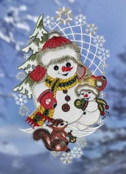 PLAUENER SPITZE Fensterdekorationen|Dekoration>Fensterbild Schneemänner und Eichhörnchen BUNT