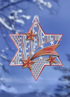 PLAUENER SPITZE Fensterdekorationen|Dekoration>Fensterbild Stern aus echter ROT-GOLD