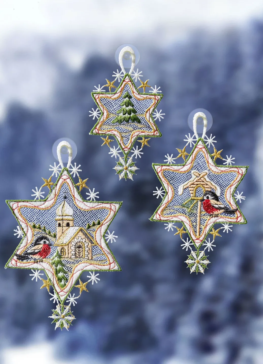 PLAUENER SPITZE Fensterdekorationen|Heimtextilien>Fensterbild Sterne, 3er-Set, aus BUNT