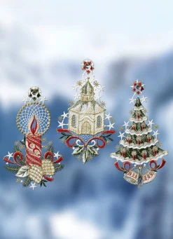 PLAUENER SPITZE Fensterdekorationen|Heimtextilien>Fensterbilder, 3er-Set, aus echter ROT-GRÜN-BUNT