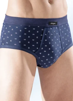 GLEYMOR Herrenwäsche|Wäsche>Fünferpack Slips aus Feinjersey, mit Eingriff, allover dessiniert 3X MARINE-BUNT, 2X HELLBLAU-BUNT