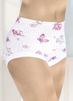 Wäsche|Damenwäsche>Fünferpack Slips mit auswechselbarem Gummizug im Bund 3X WEISS-PINK-BUNT BEDRUCKT, 2X WEISS