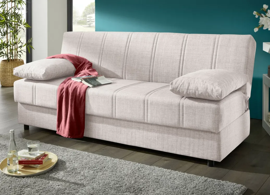 Möbel>Frei im Raum aufstellbares Schlafsofa mit Dekokissen und Bettkasten