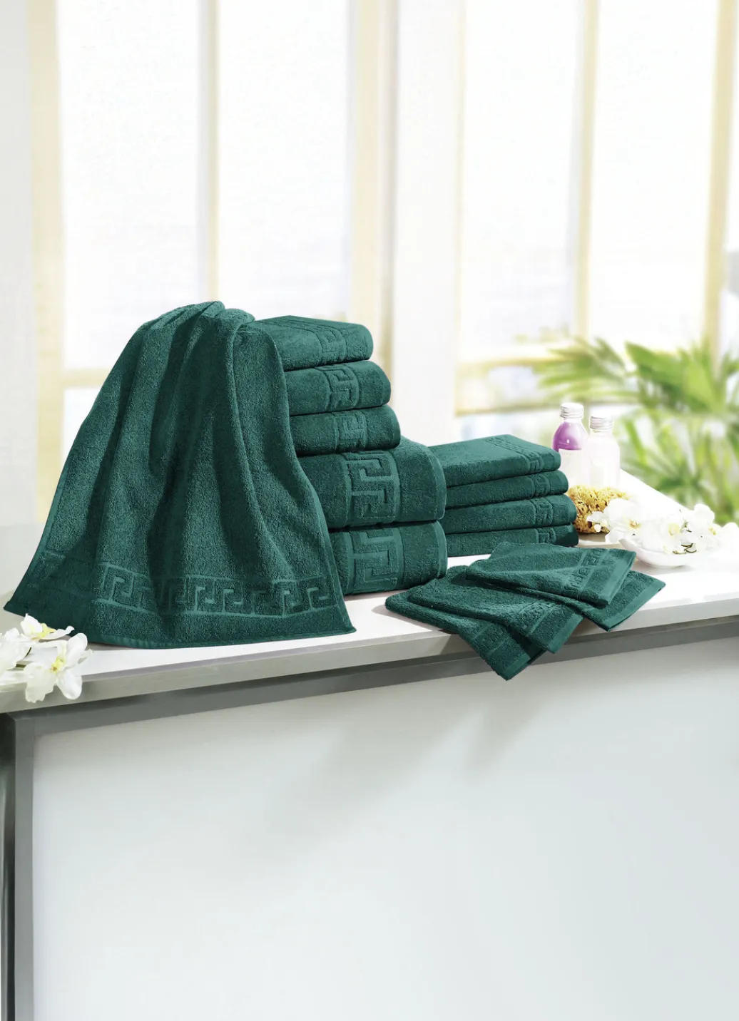 Heimtextilien>Frottierserie mit Mäander-Jacquard-Struktur