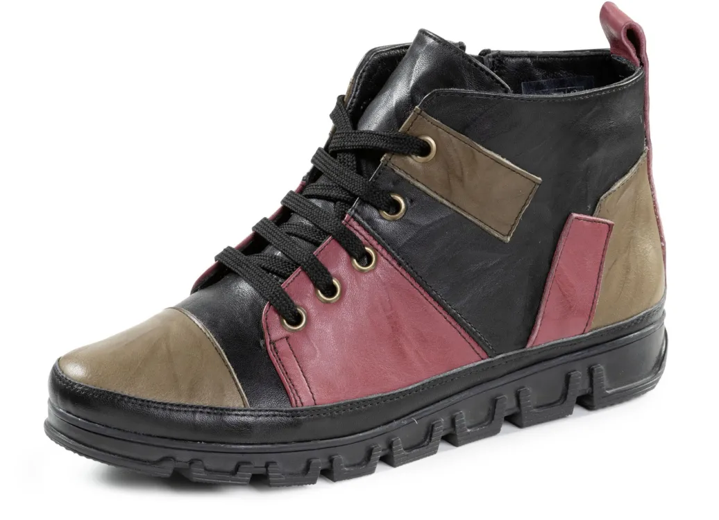 Gemini Schuhe|Damenschuhe>Schnür-Bootie mit Knitter-Struktur SCHWARZ-ROT-GRÜN