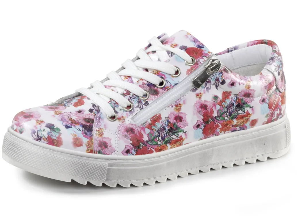 Gemini Schuhe|Damenschuhe>Schnür-Sneaker aus beschichtetem, floral bedrucktem Nappaleder WEISS-PINK