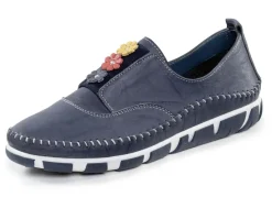 Gemini Schuhe|Damenschuhe>Slipper mit dezenter Knitter-Struktur und bunten Leder-Blüten