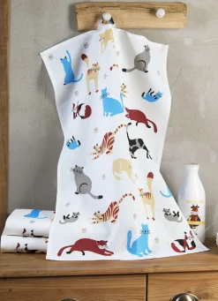 Heimtextilien>Geschirrtücher mit Katzendessin, 3er-Set WEISS-BUNT