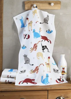 Heimtextilien>Geschirrtücher mit Katzendessin, 3er-Set WEISS-BUNT