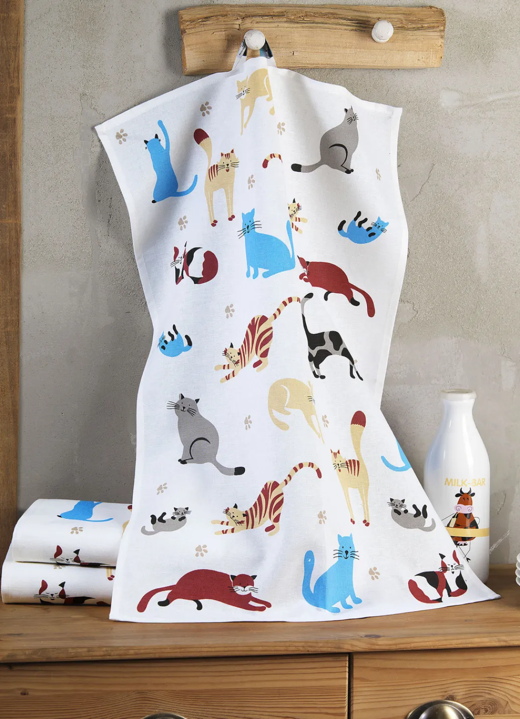 Heimtextilien>Geschirrtücher mit Katzendessin, 3er-Set WEISS-BUNT