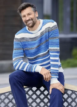 Pullover & Strickmode>Gestreifter Rundhalspullover mit Strukturdessin TÜRKIS-GRAU-ECRU GESTREIFT