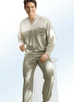 GÖTTING Nachtwäsche|Herrenwäsche>Götting Schlafanzug mit V-Ausschnitt, Brusttasche und Bündchen ECRU-RESEDA MELIERT