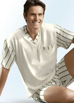 GÖTTING Herrenwäsche|Nachtwäsche>Götting Shorty mit V-Ausschnitt und Brusttasche, Naturfaser ECRU-FARN-BUNT