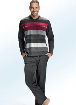 HAJO NACHTMODE Herrenwäsche|Nachtwäsche>Hajo Klima Komfort Schlafanzug mit V-Ausschnitt und garngefärbtem Ringel