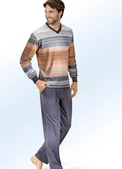 HAJO NACHTMODE Nachtwäsche|Herrenwäsche>Hajo Klima Komfort Schlafanzug mit V-Ausschnitt, Brusttasche und garngefärbtem Ringeldessin GRAFIT-BUNT