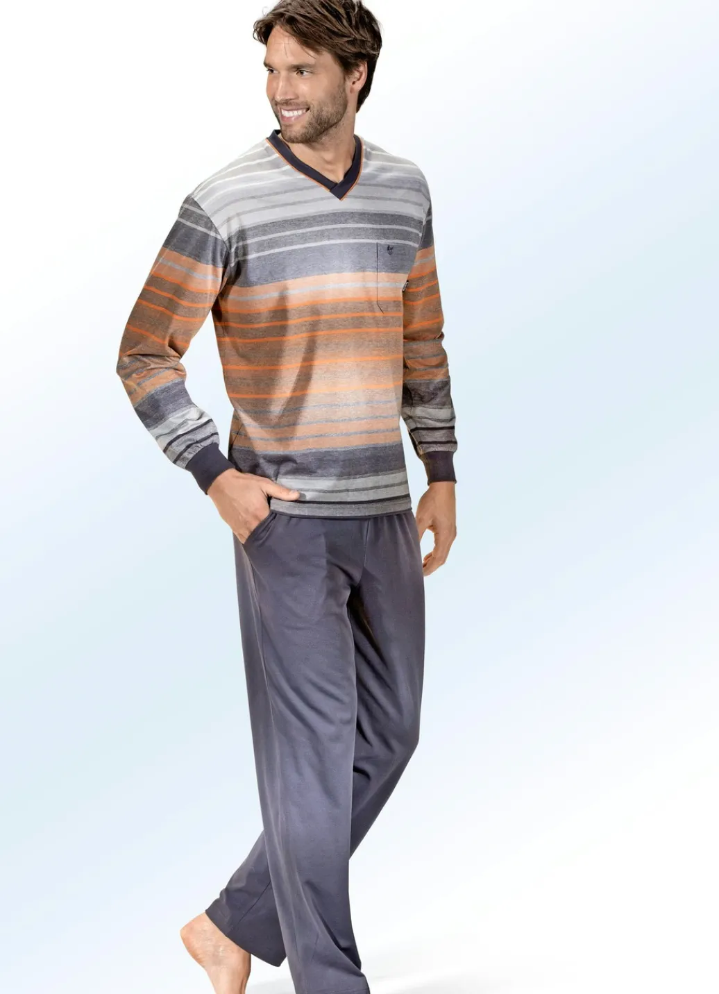 HAJO NACHTMODE Nachtwäsche|Herrenwäsche>Hajo Klima Komfort Schlafanzug mit V-Ausschnitt, Brusttasche und garngefärbtem Ringeldessin GRAFIT-BUNT